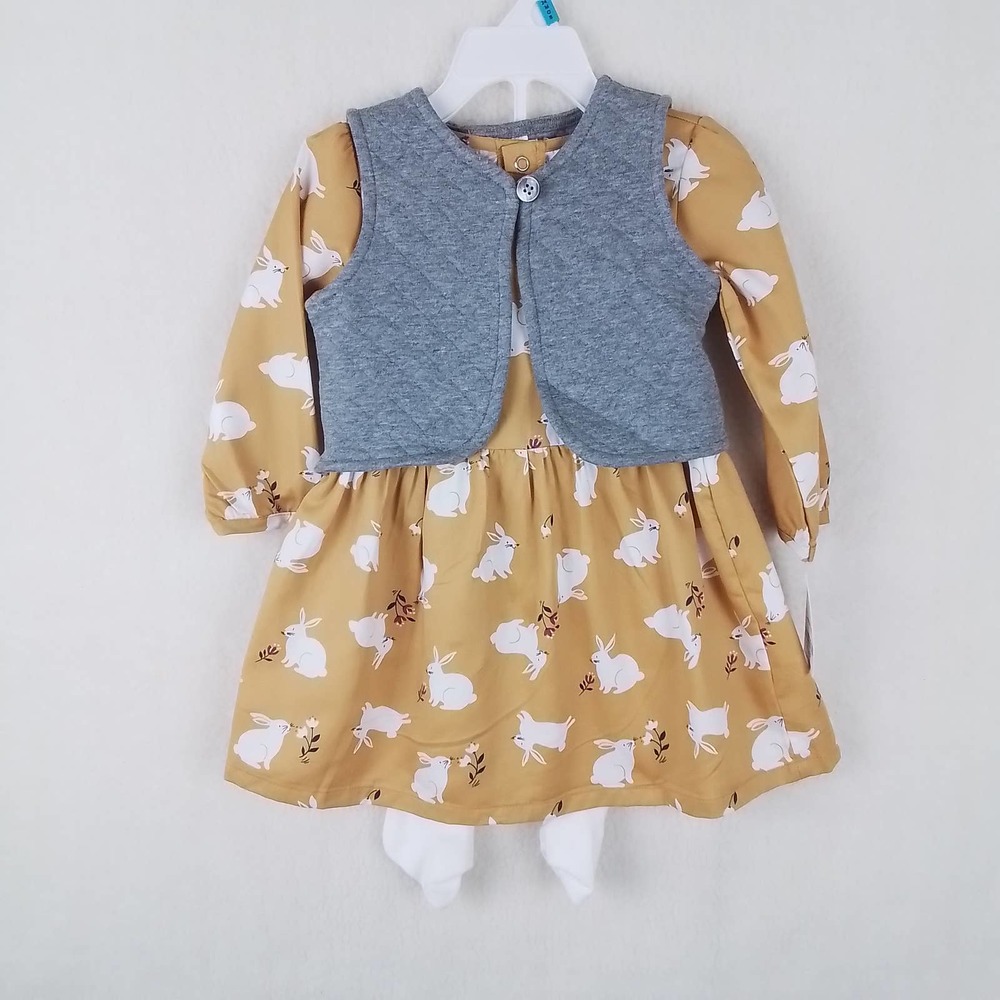 NWT Carter's Baby 3-Piece‎ Dress Set Girl's Size 18m in Yellow w/ Bunnies